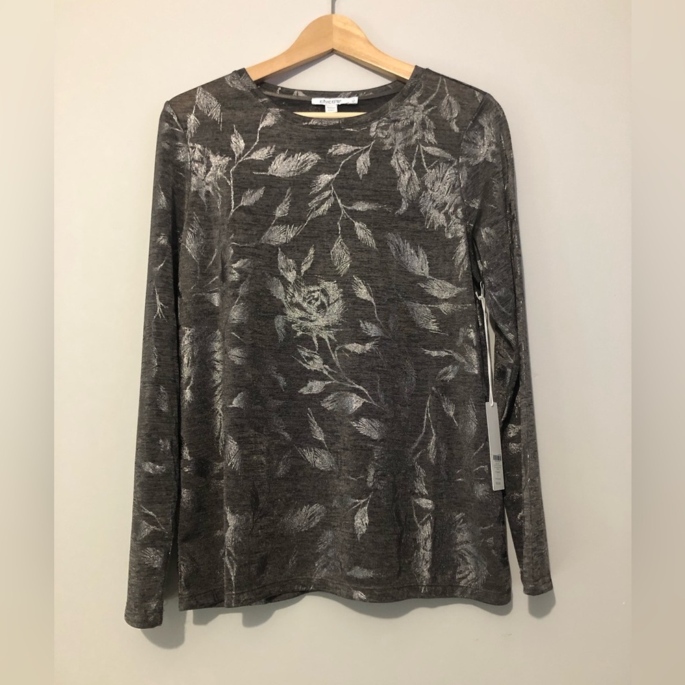 NWT Chico’s Floral Foil Basic Knit Women’s Medium Basic Knit Long Sleeve Top